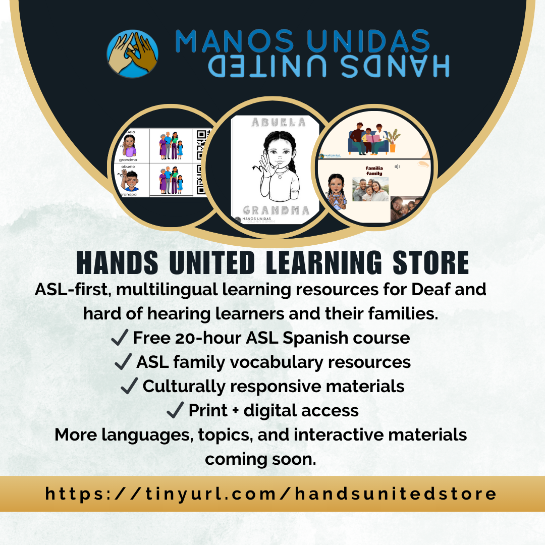 Hands United Store flyer promoting multilingual ASL resources and community-created materials